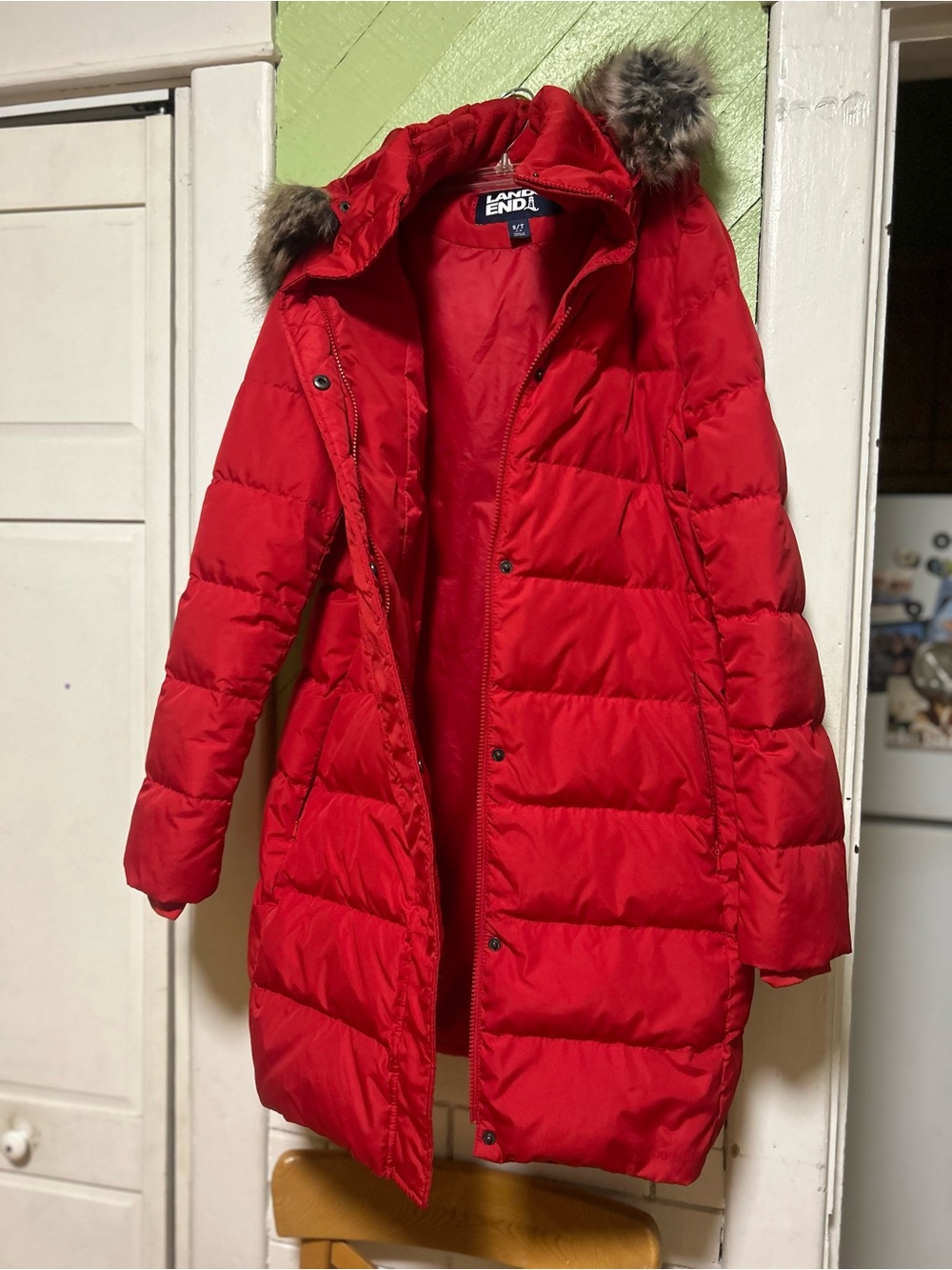 Lands' End Bright Red Long Puffer Coat with Faux Fur Hood Trim